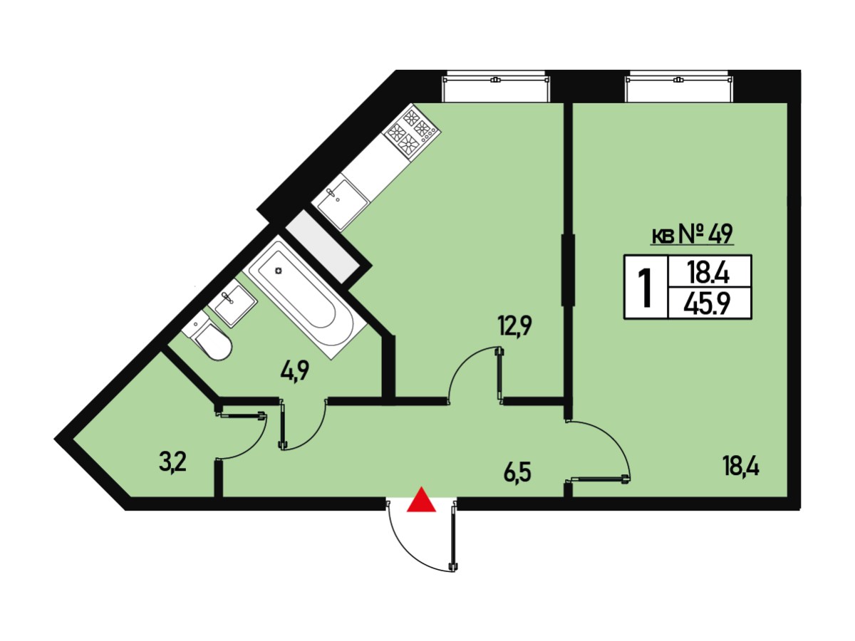 Однокомнатная квартира 45 м² №49 улица Генерала Донскова, дом 29, корпус 5  купить по цене 6917130 от застройщика в ЖК Борисоглебское деревня Зверево